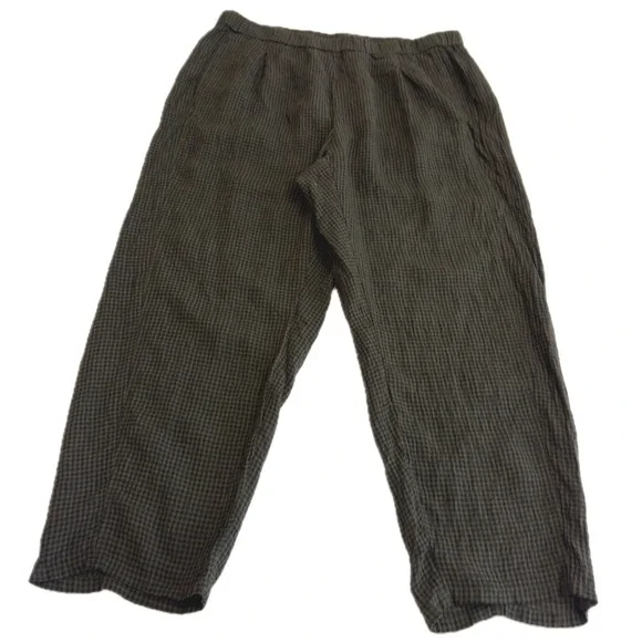 Eileen Fisher Pants Women X Large Green Black Puckered Organic Linen Tapered - Picture 2 of 12